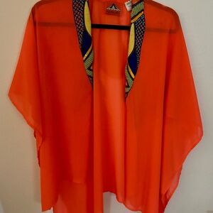 Mara Orange Sheer Kimono with Patterned Trim